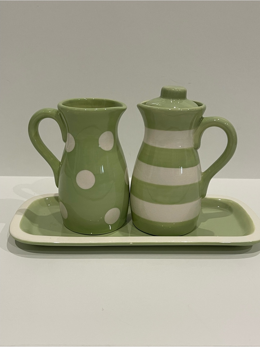 Hallmark Green and White Polka Dot & Stripe Ceramic Creamer Set with Tray
